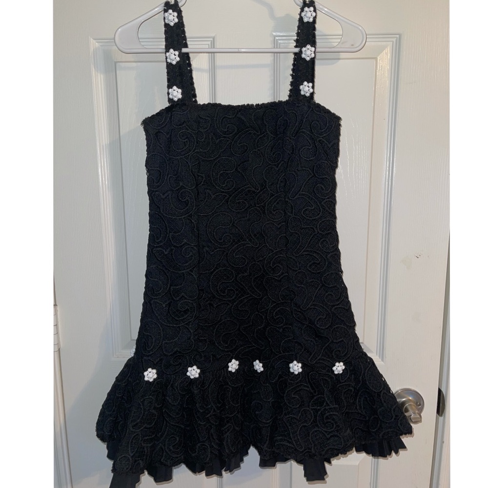 ALEXIS Black Ruffle Floral Appliques Judith Linen Mini Dress